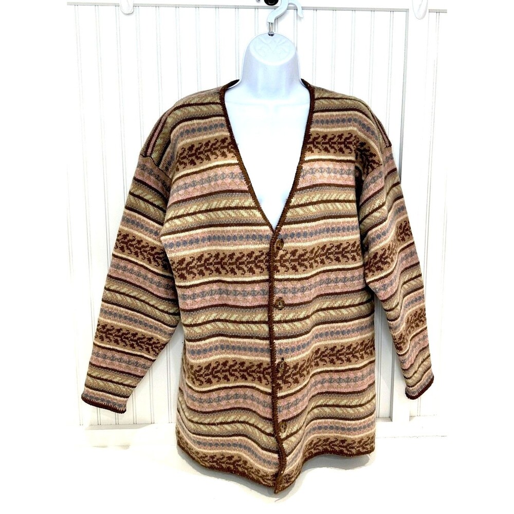 Vintage Liz Wear Sz S Lambswool Cardigan Sweater Multicolor Stripe Grandma